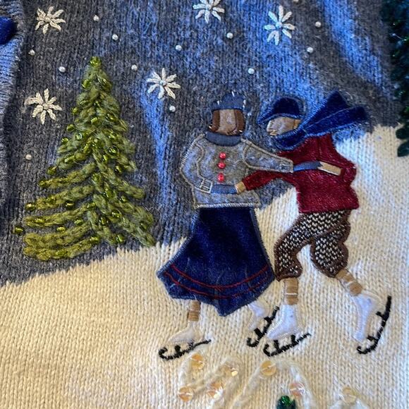 Winter Scene Vintage Sweater Cardigan Embroidered Beaded Reference Point Medium - Picture 10 of 12
